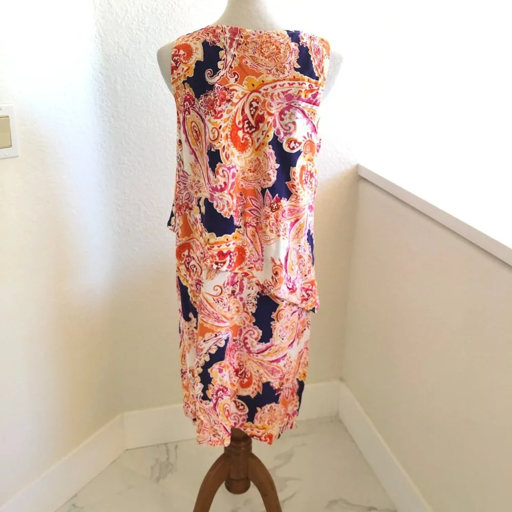 J. Jill Paisley Floral Tiered Dress SizeS Sleeveless Orange Colorful Stretch - Picture 6 of 13